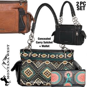 Concealed Carry Set MONTANA WEST Embroidered Aztec Black Satchel Purse & Wallet